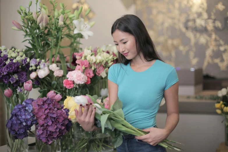 a woman standing in front of a bunch of flowers, avatar image, commercial photo, inspect in inventory image, katherine lam