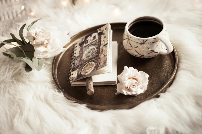 a cup of coffee and a book on a tray, a polaroid photo, by Lucia Peka, trending on pexels, romanticism, ivory rococo, a rustic album cover of a clock, fairytale style, rose twining