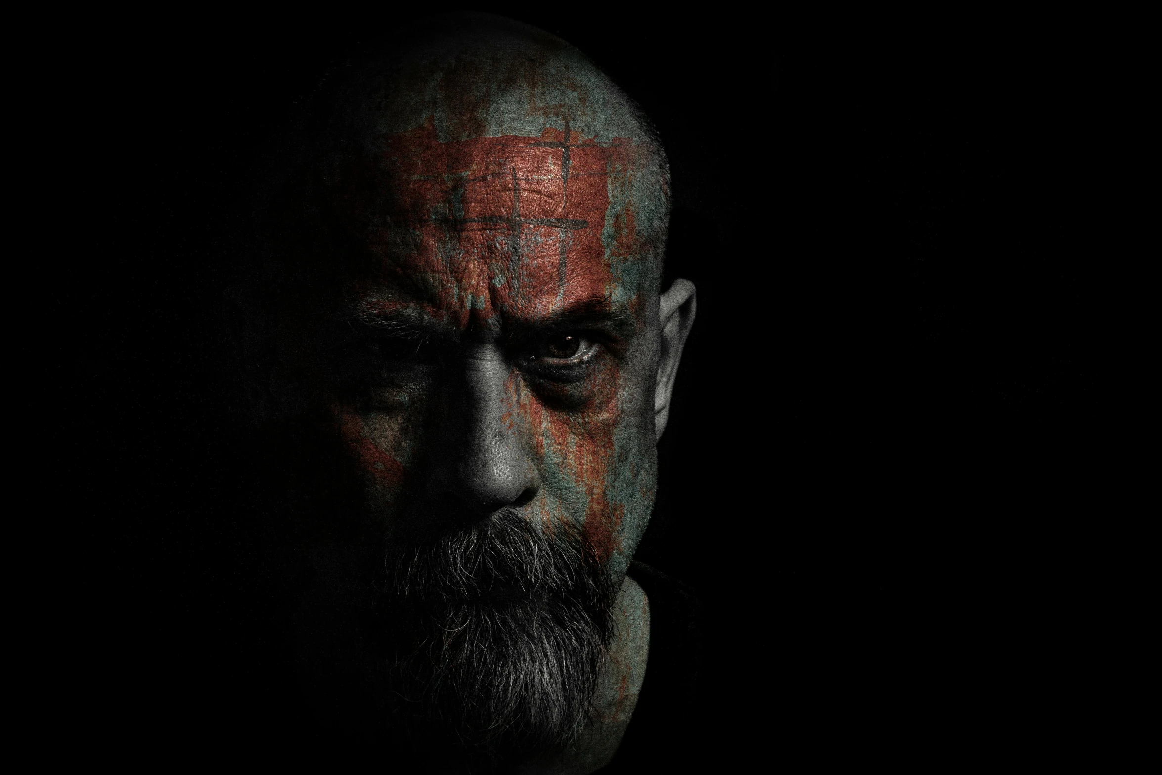 a man with a beard and red paint on his face, a character portrait, inspired by Lee Jeffries, pexels contest winner, hyperrealism, handsome squidward, film still from god of war, dramatic serious pose, walter white in dark souls