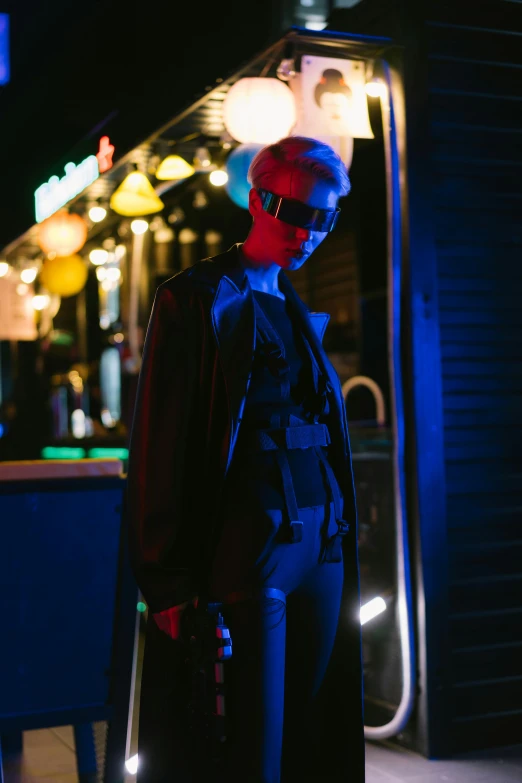 a man standing in front of a bus at night, cyberpunk art, unsplash, bauhaus, short blue haired woman, digital sunglasses, young blonde boy fantasy thief, futuristic fashion show