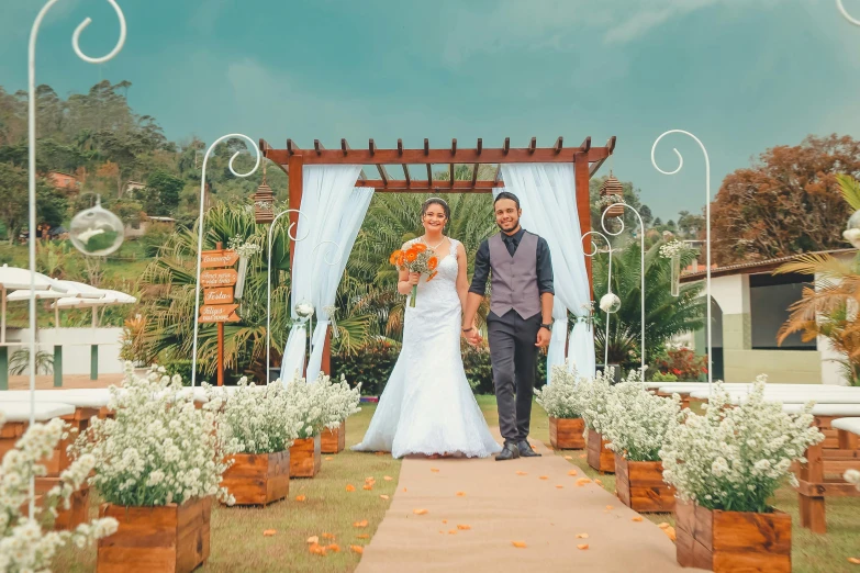 a bride and groom are walking down the aisle, a colorized photo, pexels contest winner, resort, avatar image, square, at the terrace