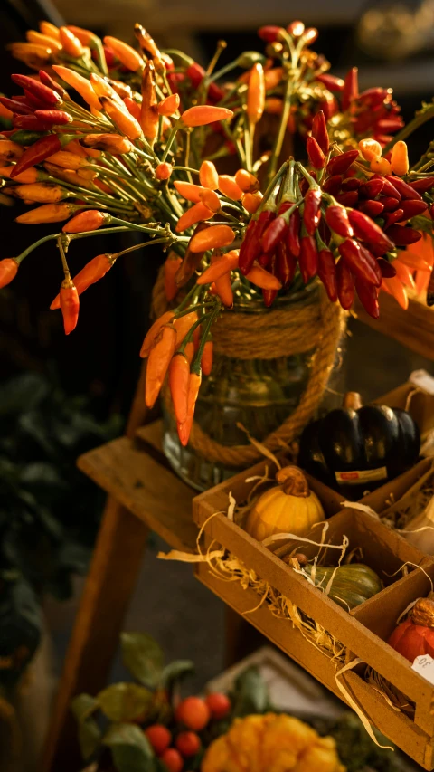 a table topped with lots of different types of food, a still life, pexels, bhut jolokia, late autumn, square, indoor picture