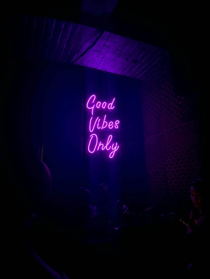 a neon sign that says good vibes only, an album cover, unsplash contest winner, aestheticism, ((purple)), taken in night club, taken on iphone 14 pro, vsco