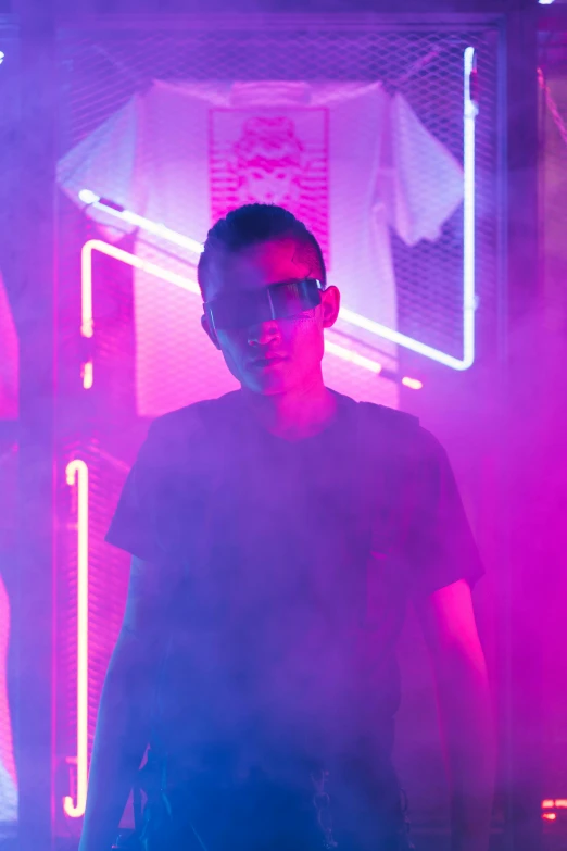 a man standing in front of a neon sign, cyberpunk art, pexels contest winner, portrait of chester bennington, dj at a party, neon fog, vitalik buterin