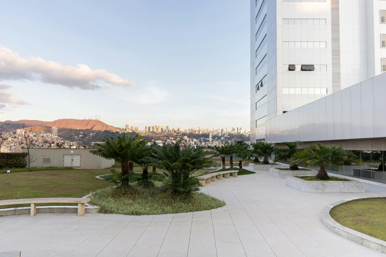 a man riding a skateboard down a sidewalk next to a tall building, inspired by Carlos Francisco Chang Marín, unsplash, quito school, roof garden, 3 6 0 render panorama, exterior botanical garden, julia hetta