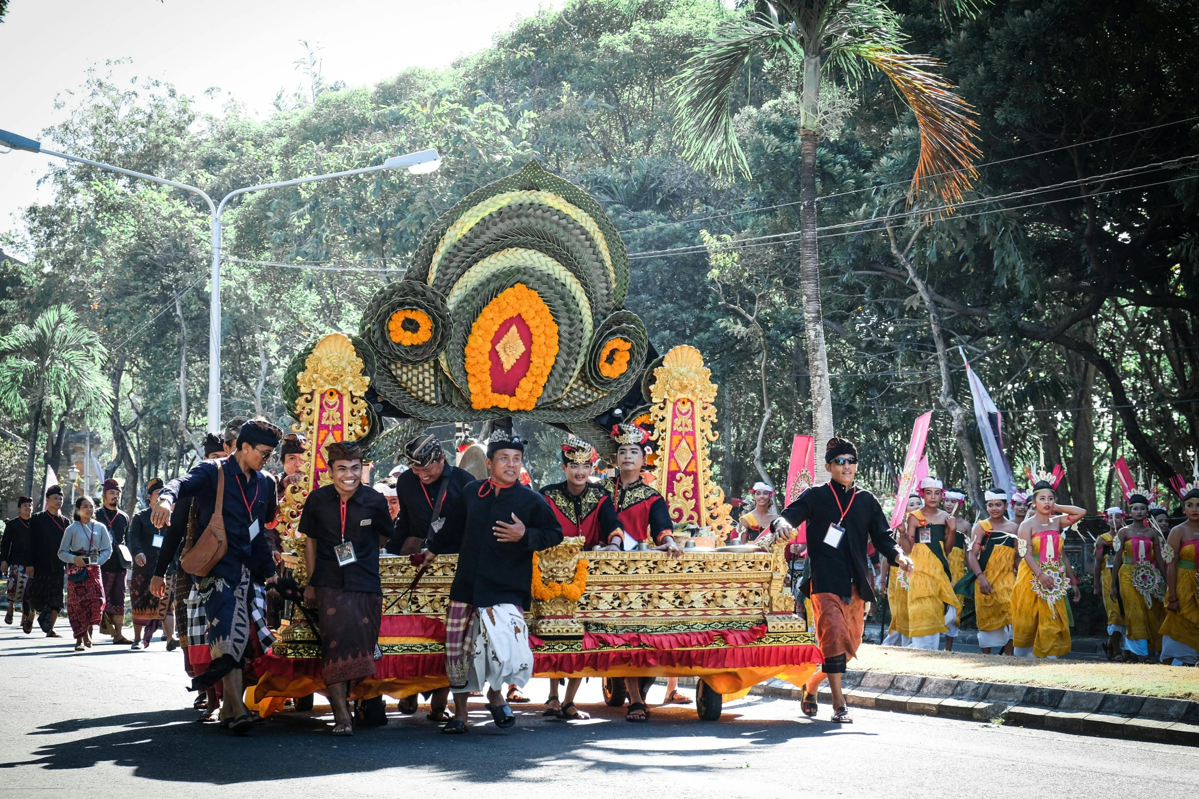 a group of people that are standing in the street, by Ingrida Kadaka, pexels contest winner, sumatraism, parade floats, avatar image, the grand temple of flowers, panels