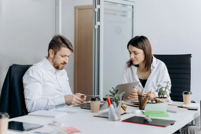 a couple of people that are sitting at a table, trending on pexels, analytical art, in office, avatar image, healthcare, lachlan bailey