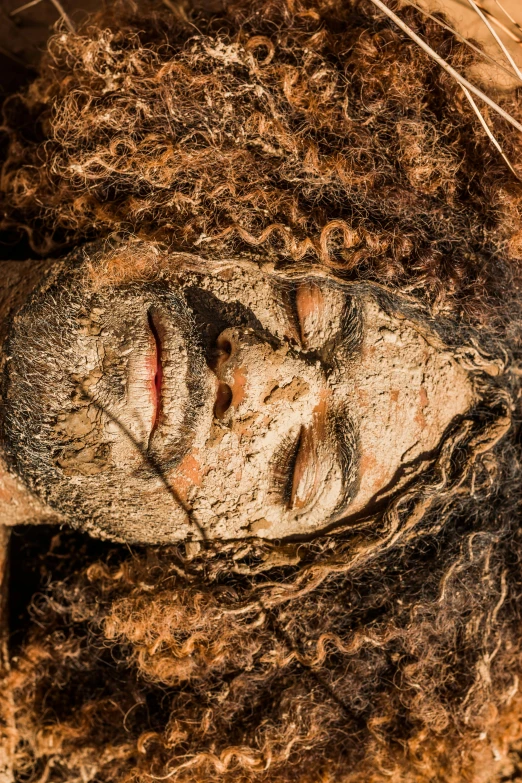 a close up of a face in a piece of wood, an album cover, by artist, trending on pexels, renaissance, full human hairy body, covered in dirt, with textured hair and skin, corpses come to life