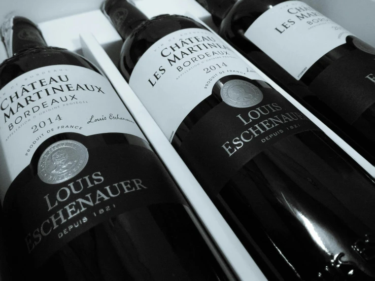 a black and white photo of three bottles of wine, by Louis Schanker, les nabis, black and red, lariennechan, rich details, ready-made
