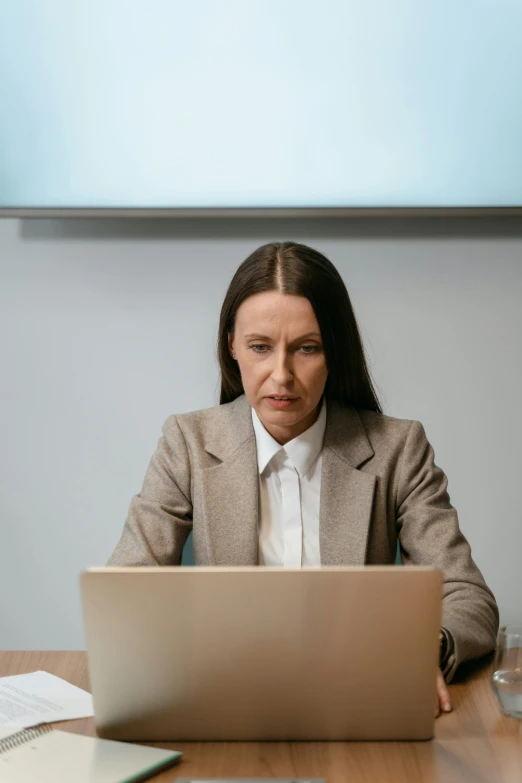 a woman sitting at a table in front of a laptop computer, pexels, frowning, in a classroom, brown, gif