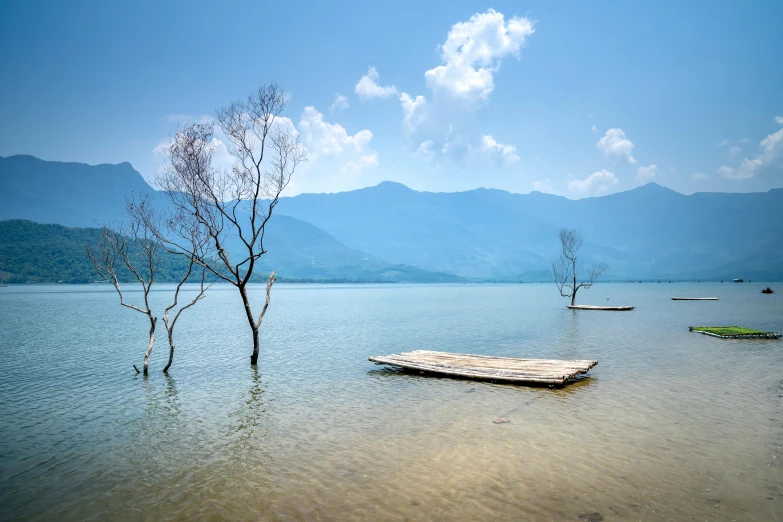 a small boat sitting in the middle of a lake, inspired by Li Keran, unsplash contest winner, land art, hanging trees, vietnam, blue sky, flood