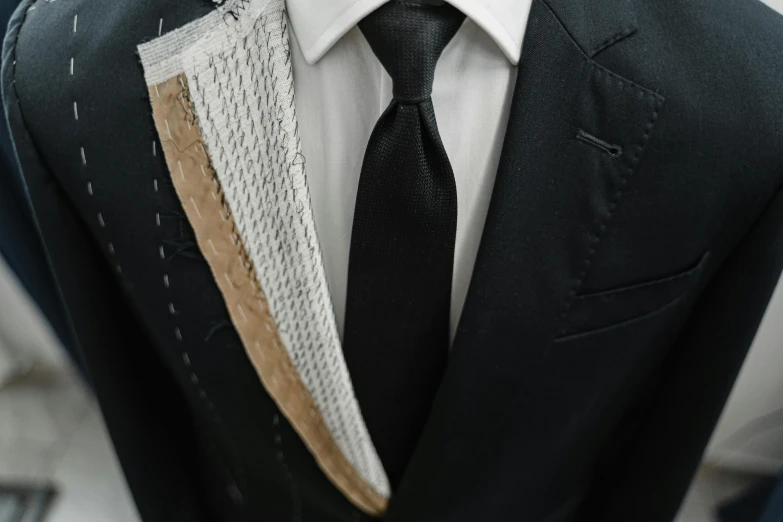 a close up of a suit and tie on a mannequin, inspired by René Burri, unsplash, renaissance, aerial view. hand stitching, wearing black suit, several layers of fabric, thumbnail