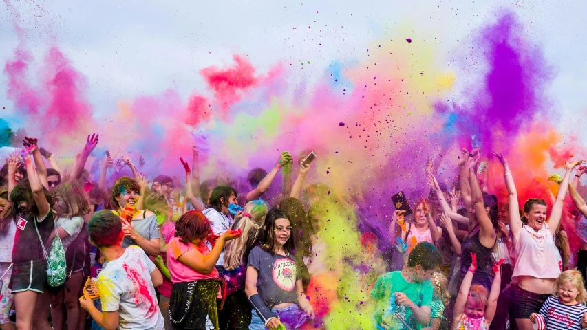 a group of people throwing colored powder in the air, totally radical, 2 5 6 colours, essence, full of colour w 1024
