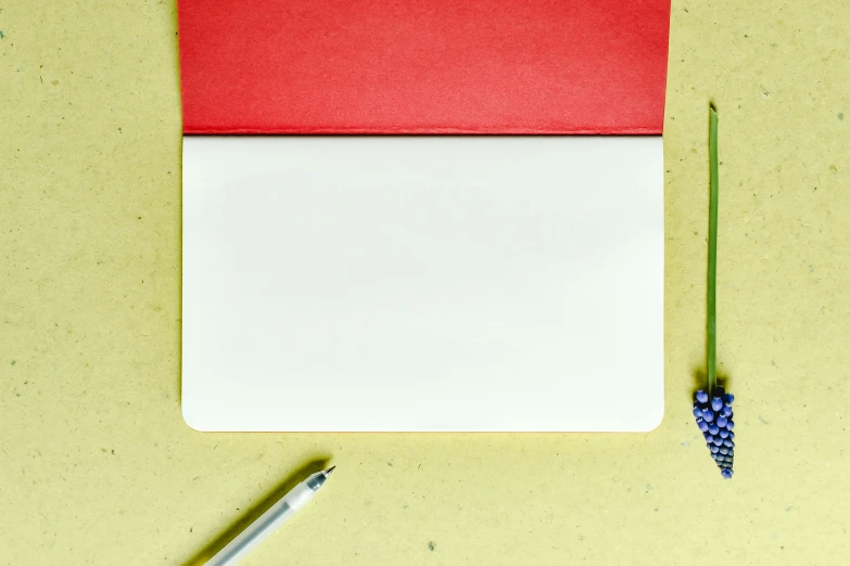 a notepad sitting on top of a table next to a pencil, pexels contest winner, arbeitsrat für kunst, red white background, background image, card template