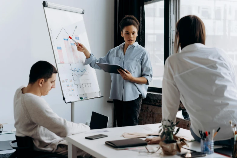 a group of people sitting at a table in front of a whiteboard