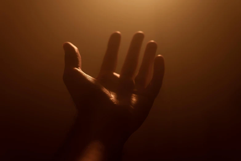 a person's hand reaching up towards a light, pexels, photorealistic octane render 8 k, brown atmospheric lighting, medium format. soft light, ignant