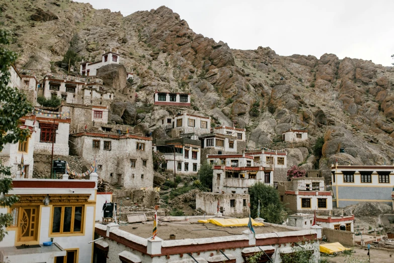 a group of buildings sitting on the side of a mountain, by Carey Morris, trending on unsplash, mingei, tibetan inspired architecture, in the middle of a small colony, 2000s photo, background image