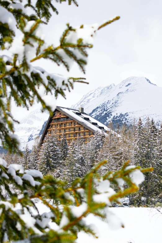 a man riding skis down a snow covered slope, inspired by Peter Zumthor, log cabin beneath the alps, profile image, exterior photo, pyramid surrounded with greenery