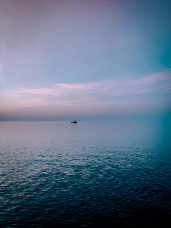 a boat floating on top of a large body of water, a picture, unsplash contest winner, minimalism, is at dawn and bluish, soft lilac skies, gazing off into the horizon, slightly pixelated