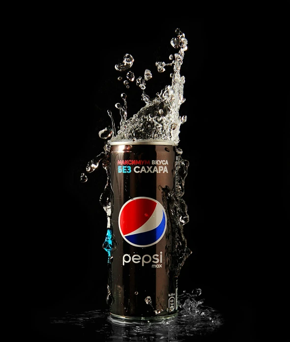 a can of pepsi being splashed with water, by Pedro Pedraja, pexels, hyperrealism, standing with a black background, ilustration, paul barson, high detail product photo
