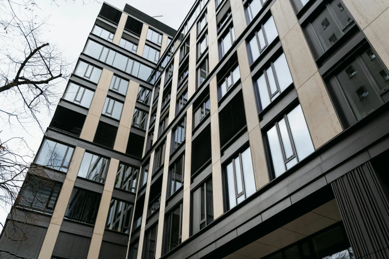 a tall building with lots of windows next to a tree, by Emma Andijewska, unsplash, bauhaus, black windows, iron cladding, tenement buildings, wide angle exterior 2022