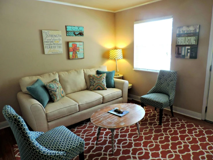 a living room filled with furniture and a window, by Washington Allston, red and teal and yellow, beige, small room, cute photo