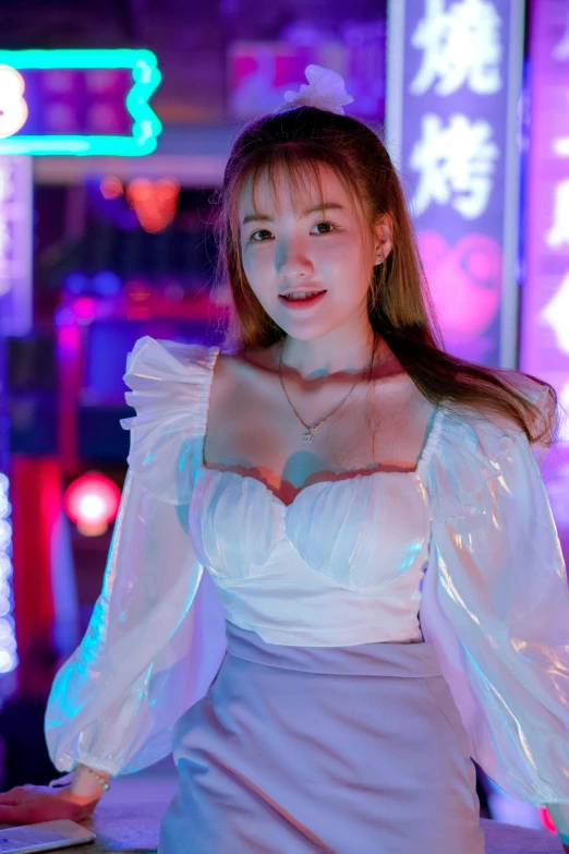 a woman in a white dress standing in front of neon signs, inspired by Feng Zhu, happening, young pretty gravure idol, fluffy chest, [32k hd]^10, high-quality photo