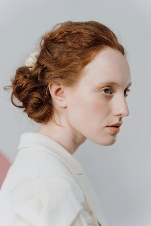 a woman with a flower in her hair, an album cover, inspired by Maud Naftel, unsplash, hr ginger, very pale, a beautiful woman in white, ignant