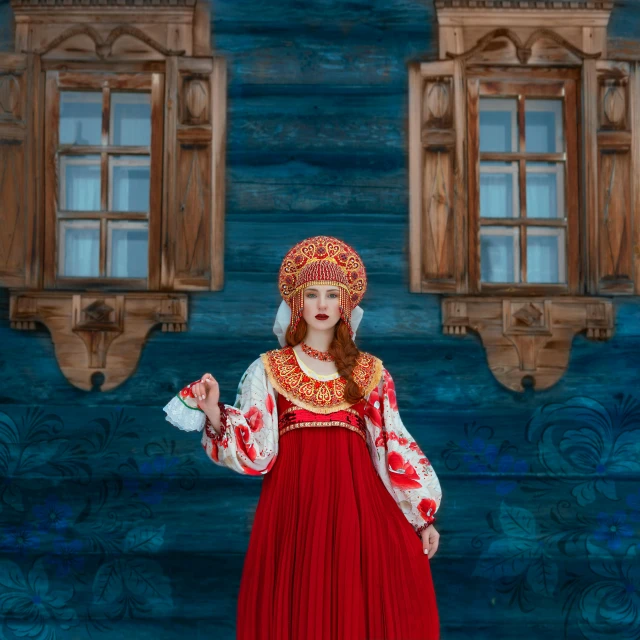 a woman in a red dress standing in front of a blue wall, pexels contest winner, renaissance, decorated with russian motifs, stood outside a wooden cabin, diverse costumes, square