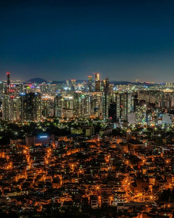 a view of a city at night from the top of a hill, by Jang Seung-eop, pexels contest winner, 8k detail post processing, square, panorama view, sangyeob park