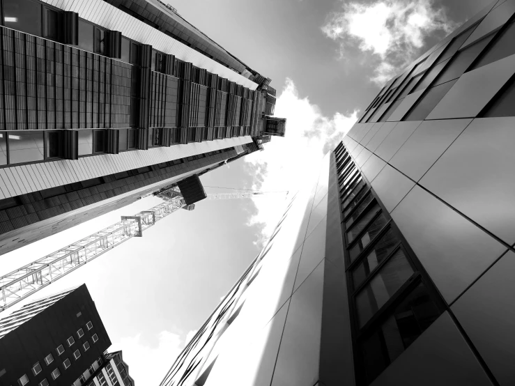 a black and white photo of tall buildings, wide angle shots, low angle facing sky, gopro photo, tall thin build