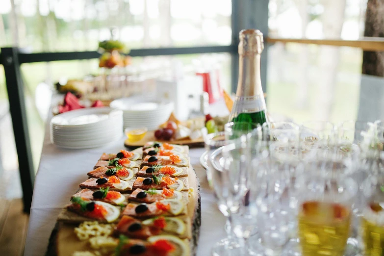 a table that has a bunch of food on it, by Niko Henrichon, pexels contest winner, drinking champagne, long table, waist high, crisp and clear