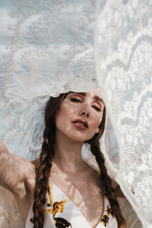 a woman holding an umbrella over her head, an album cover, unsplash contest winner, dressed in a frilly ((lace)), elizabeth olsen, video, 4 k glamour photography