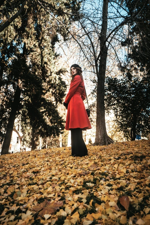 a woman in a red coat standing in a field of leaves, an album cover, unsplash, fullbody photo, color 3 5 mm, f / 2 0, classical