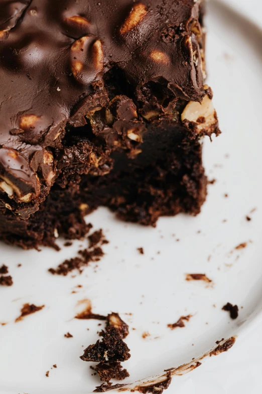 a piece of chocolate cake sitting on top of a white plate, by Jessie Algie, unsplash, rocky roads, square, nut, banner