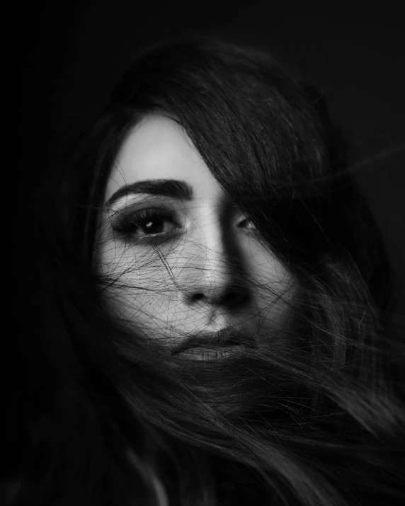 a black and white photo of a woman with long hair, inspired by irakli nadar, pexels contest winner, hurufiyya, pixar portrait 8 k photo, wispy darkness, discord profile picture, tired face