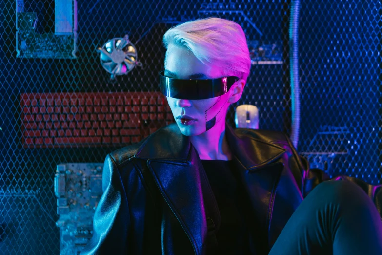 a woman in a black leather jacket and sunglasses, cyberpunk art, inspired by Elsa Bleda, trending on pexels, in a cyberpunk themed room, annie leonhart in a neon city, scifi accessories, movie still of a cool cyborg