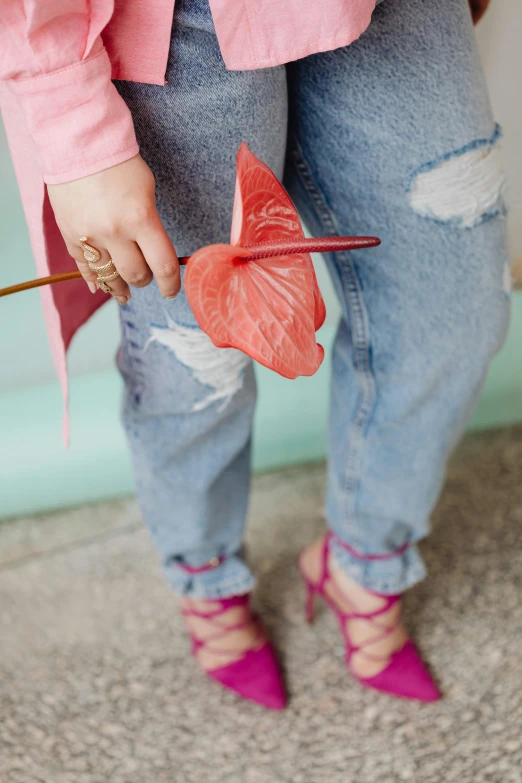 a close up of a person holding a flower, wearing jeans, holding a umbrella, hot pink, monstera deliciosa