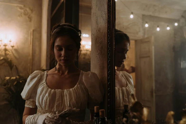 a woman in a white dress standing in front of a mirror, inspired by Sophie Pemberton, pexels contest winner, rococo, film still from 'tomb raider', nightcap, [ theatrical ], early evening