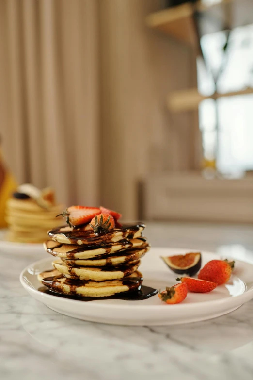 a stack of pancakes sitting on top of a white plate, inspired by Richmond Barthé, romanticism, some chocolate sauce, fruit, premium quality, city views