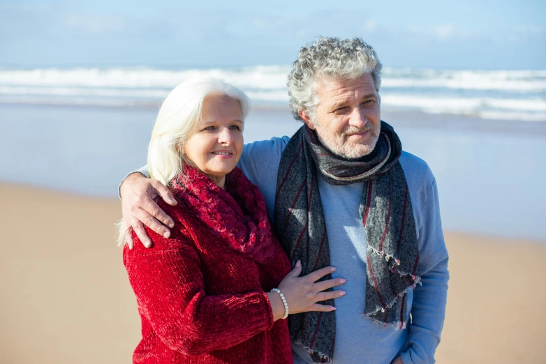 a man and woman standing next to each other on a beach, a portrait, pexels, renaissance, white haired, portrait image, winter season, 15081959 21121991 01012000 4k