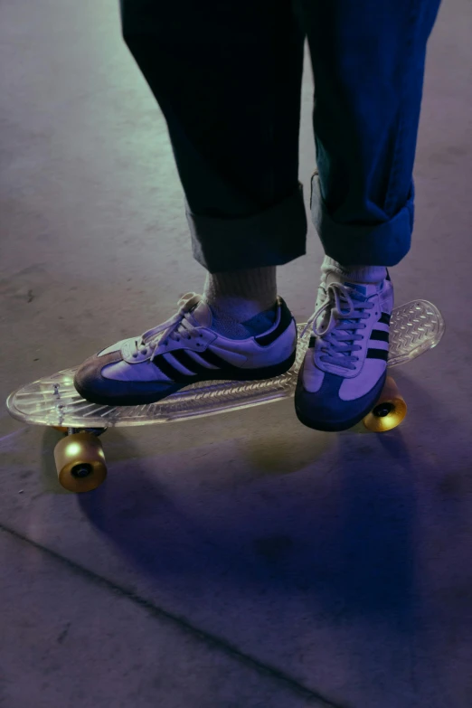 a person standing on top of a skateboard, inspired by Nan Goldin, unsplash, hyperrealism, adidas, translucent sss xray, with glowing blue lights, a pair of ribbed