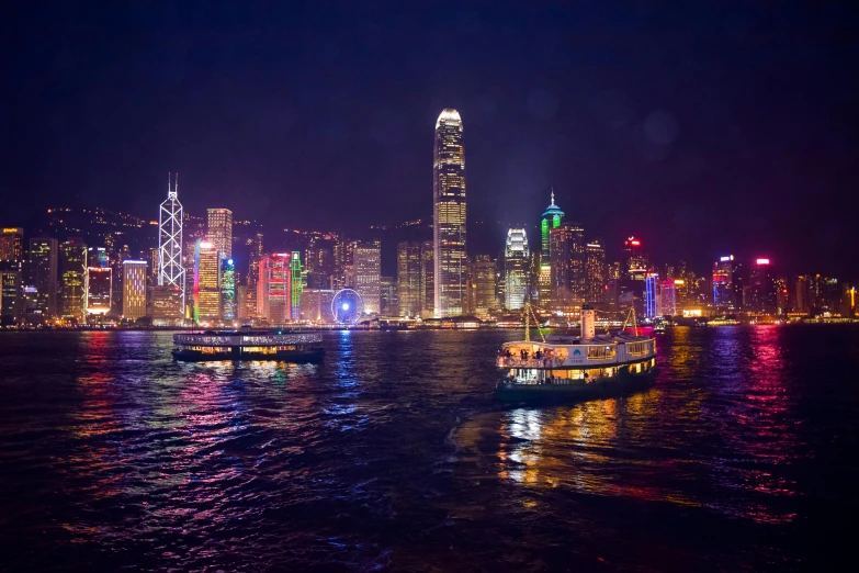 a couple of boats that are in the water, by Patrick Ching, pexels contest winner, neon megacity in the background, shui mo hua, michael mann, iconic