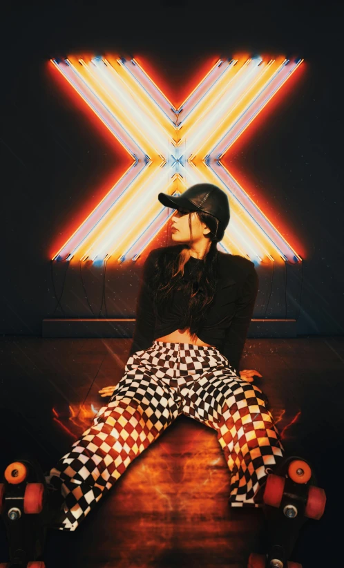 a woman sitting on top of a wooden bench, trending on pexels, holography, neon cross, on a checkered floor, x logo, with neon visor