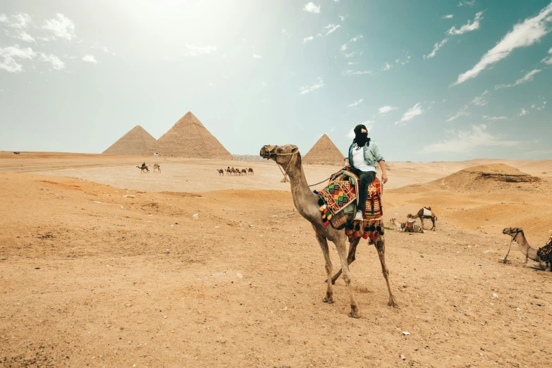 a man riding on the back of a camel, egyptian art, by Julia Pishtar, pexels contest winner, geodesic domes, casually dressed, pyramid, 2022 photograph