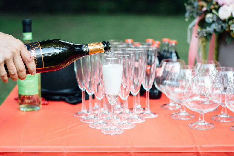 a person pouring wine into wine glasses on a table, by Julia Pishtar, pexels, private press, red caviar instead of sand, viktor orban drinking champagne, 1 6 x 1 6, hunting