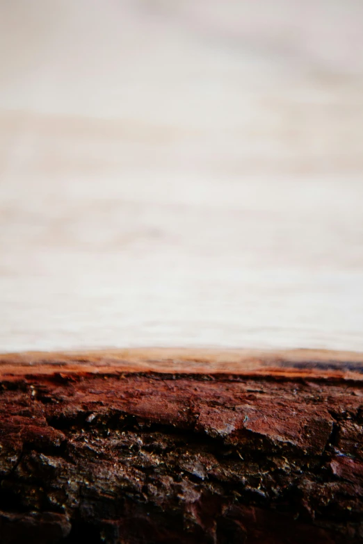 a piece of cake sitting on top of a wooden table, an album cover, by Peter Churcher, unsplash, arabesque, water texture, reddish - brown, bark, looking into the horizon