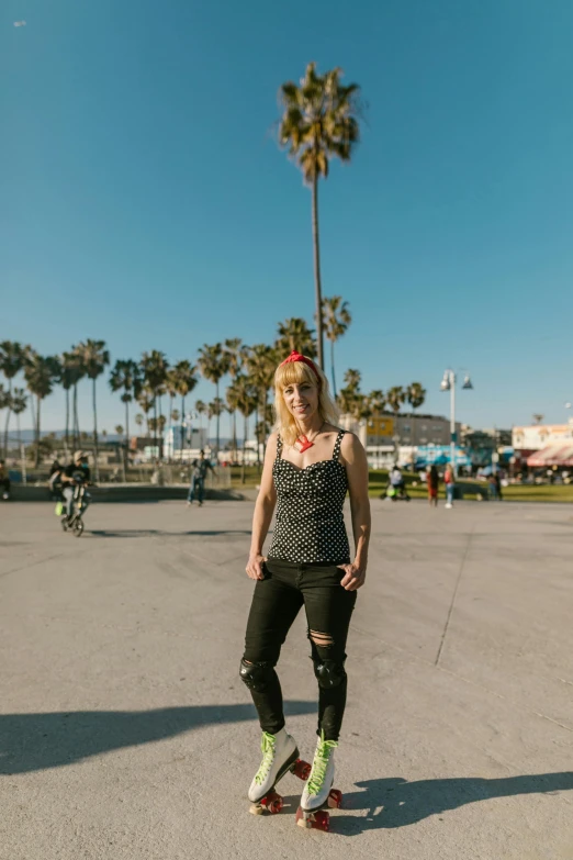 a woman standing on a skateboard in a parking lot, inspired by L. A. Ring, featured on reddit, renaissance, in a beachfront environment, wearing a punk outfit, profile image, hollywood promotional image