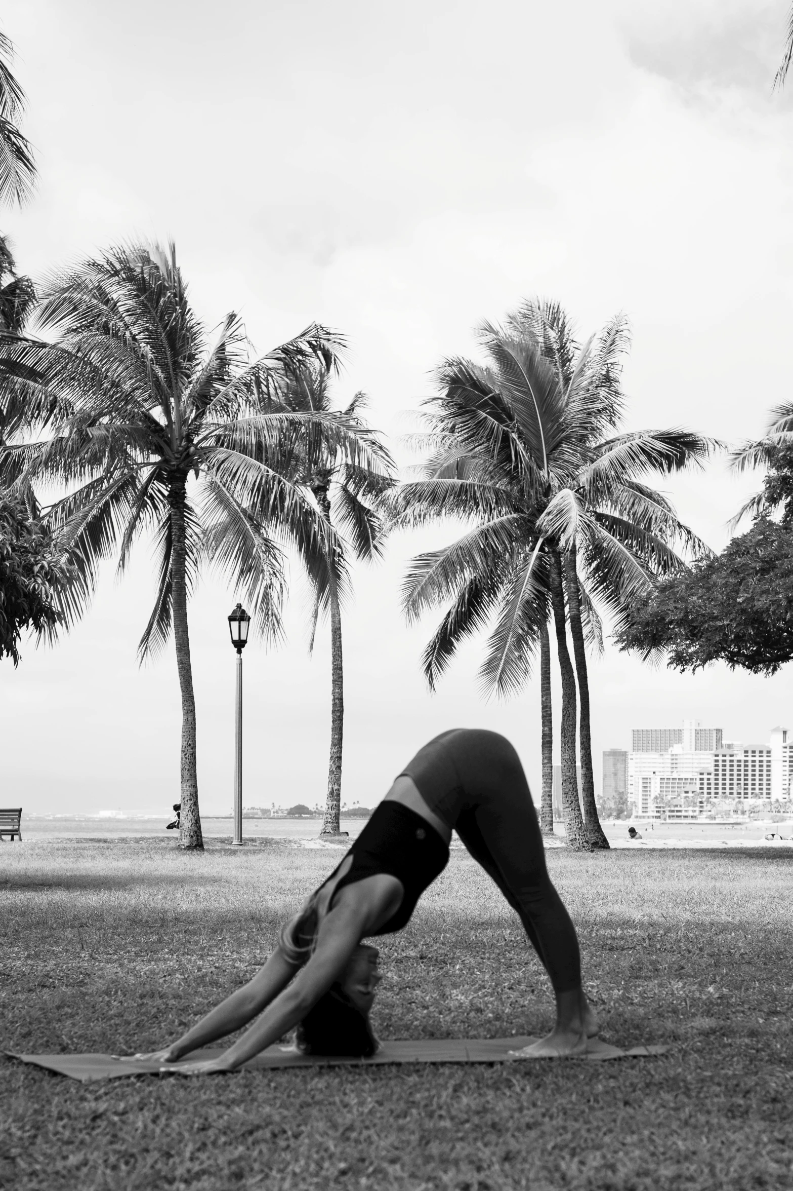 a black and white photo of a woman doing yoga, inspired by Ruth Orkin, unsplash, with palm trees in the back, waikiki beach skyline, back arched, stretching her legs on the grass