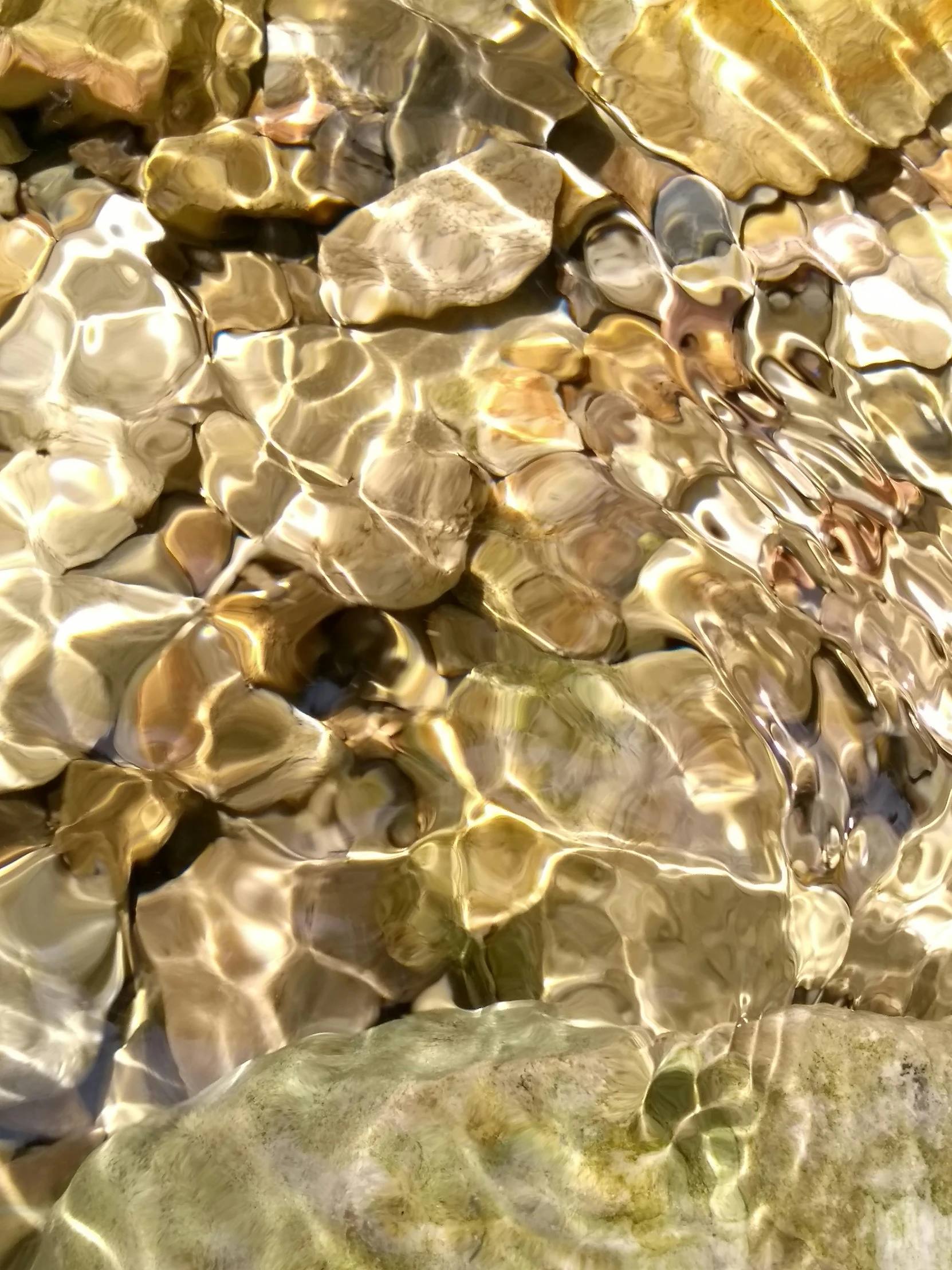 a close up of rocks and water in a stream, an album cover, by Robert Richenburg, unsplash, photorealism, gold refractions off water, pbr texture, hyper photo realistic 8k hd hdri, shiny gold